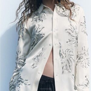 Zara Woman Collection Ecru Beaded Embroidery Shirt 100% Viscose
